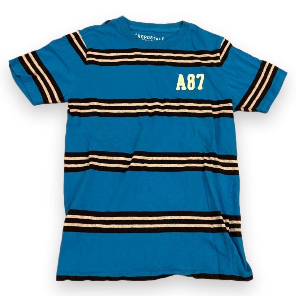 Aeropostale A87 Mens Blue Striped Patch T-Shirt Size Small Short Sleeve Crewneck